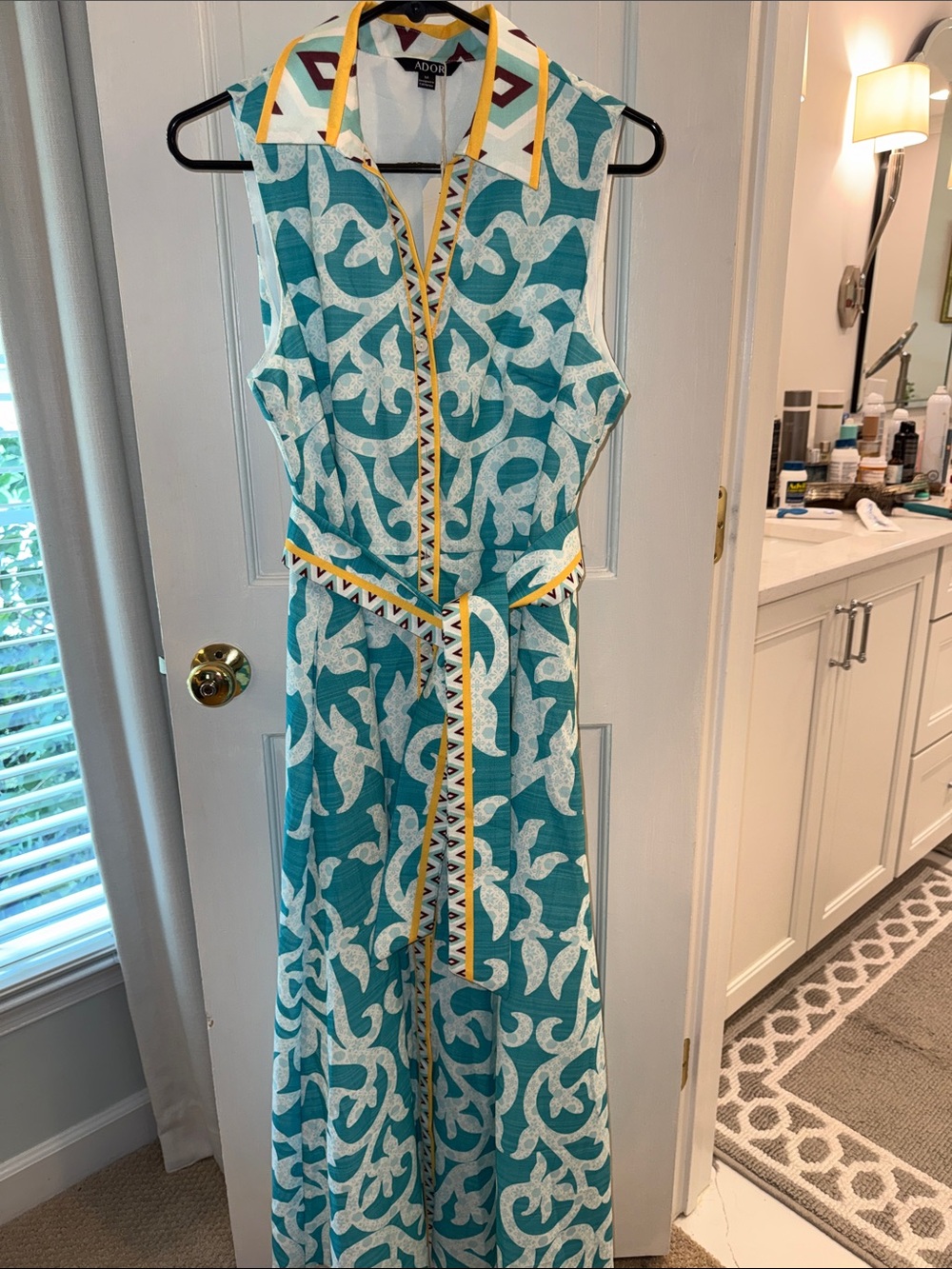 Teal & White Sleeveless Maxi Dress with Yellow Trim-M